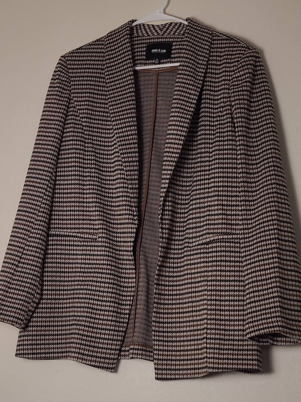 Women's XL Houndstooth Shawl Collar Open Front Knit Blazer Jacket Brown & Black